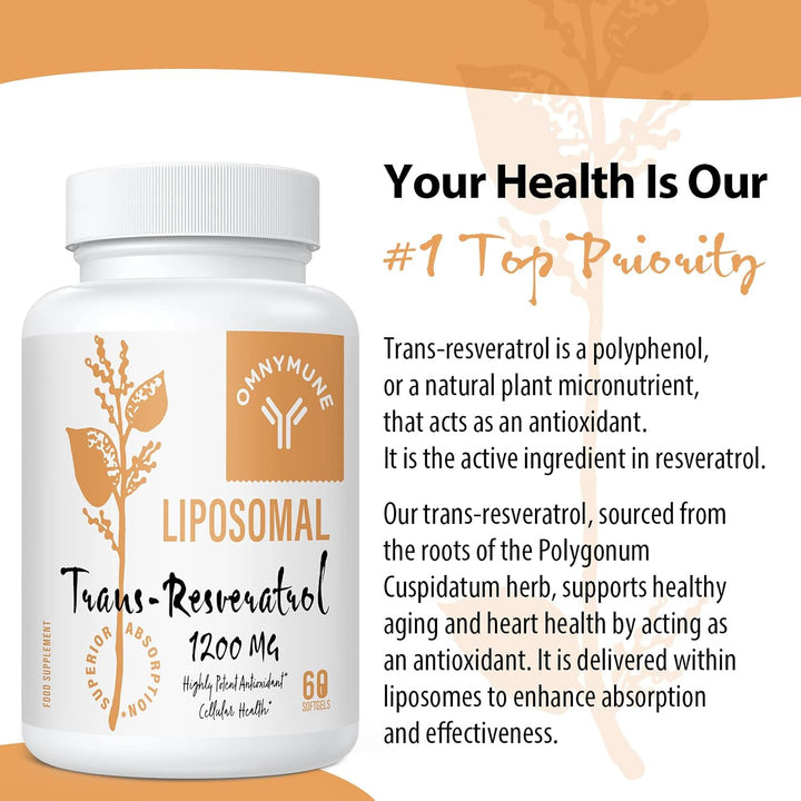 Liposomal Trans-Resveratrol 1200Mg per Serving – High Absorption, 98% Purity from Japanese Knotweed – Antioxidant, Longevity & Immunity – 60 Softgels