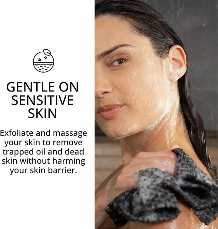 Exfoliating Washcloth Face & Body Scrub Towel - Japanese Exfoliating with Hexagon Fibers, Body Scrubber with 2 Sides for Scrubbing & Washing, Extra Long Towel (Black)