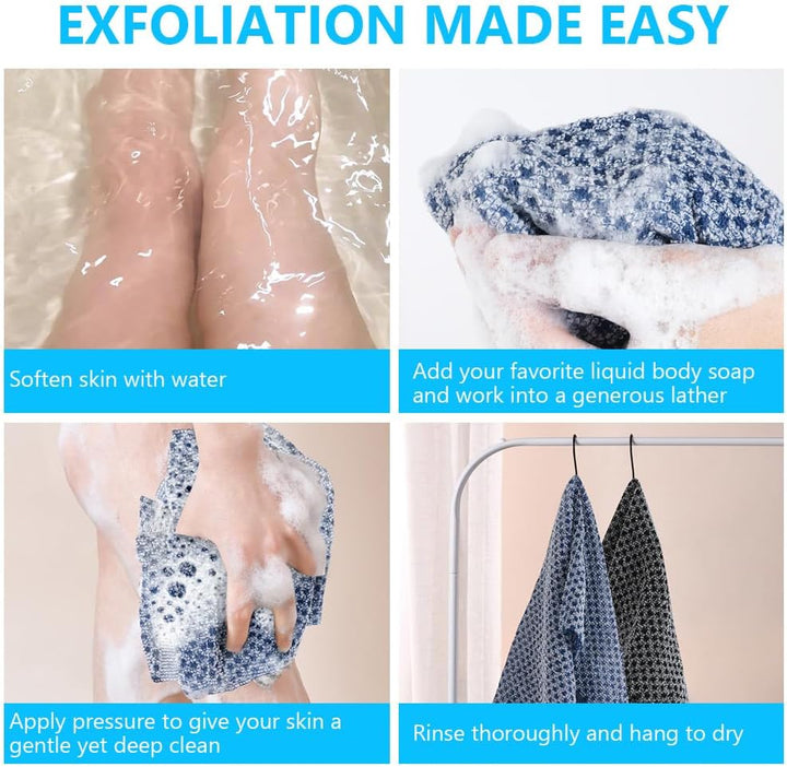 2 Pcs Long Exfoliating Washcloth, Extra Long Exfoliating Body Towel, Deep Exfoliating Towel Natural Body Exfoliator Bath Scrub Loofah, Cleaning Dirt and Dead Skin for Men Women (Black+Blue Grid)