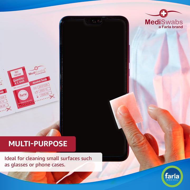 Mediswabs Pre Injection Alcohol Wipes (X100), Antiseptic Wipes with 70% Isopropyl Alcohol Sachets, Individually Wrapped Disposable Wound Cleaning Wipes, First Aid/Medical Use