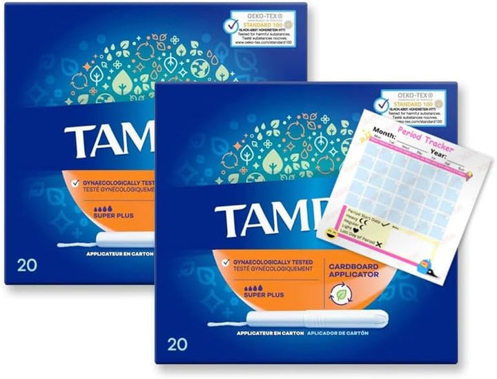Tampons Super plus Cardboard Applicator Blue Box 40 Tampons (2 Packs of 20) | Leak Protection | Super Absorbent | Fragrance-Free | Long Lasting Protection