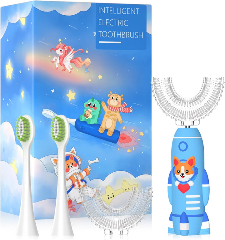 Kids Electric Toothbrushes U Shaped - Rechargeable Rocket Toothbrush, Electric Toothbrushes for Boys Age 7-14 2 Mins Timer, 6 Modes, 4 Brush Heads.