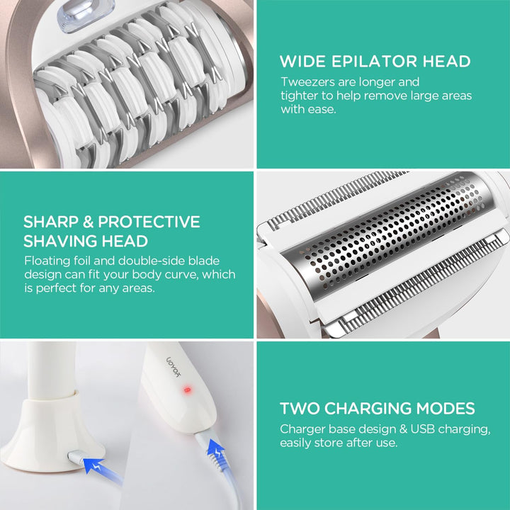 Epilator for Women Cordless & Rechargeable, Epilator Hair Removal with 30 Tweezers,3 in 1 Epilators with Electric Lady Shaver and Foot File,Hair Removal Device for Arm Leg BM300 (Champagne Gold)