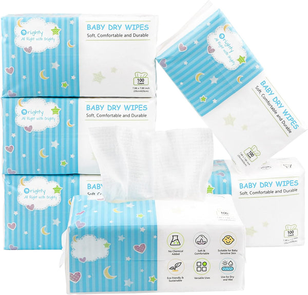 Baby Dry Wipes - Super Soft & Gentle Baby Washcloths, Use Wet or Dry, 100% Unscented Tissue for Babies Sensitive Skin, Ideal for Diaper Changes, Feeding, Nursing, Runny Nose & Drool, 600 Count