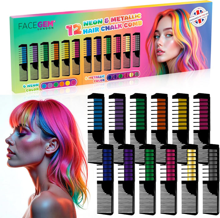 12 Hair Chalks Comb, 12 NEON & METALLIC Hair Chalk, Non-Toxic Easy Washable Hair Dye Colourful, METALLIC & NEON Hair Chalk -Perfect for Festivals, Halloween, Party, Hair Chalks for Girls