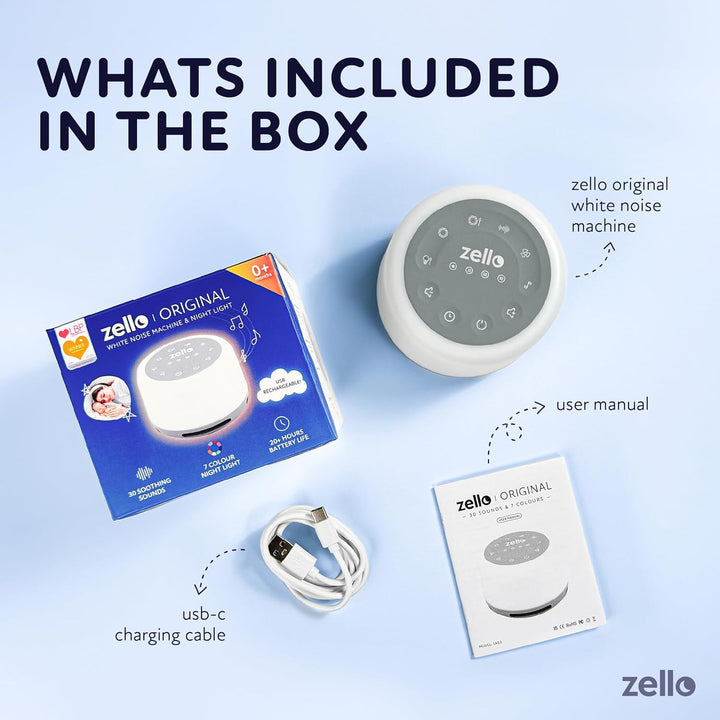 Award Winning Zello Original White Noise Machine Baby White Noise Sound Machine for Adults Kids Baby 30 Soothing Sounds 7 Colour Night Light Memory Function Rechargeable Sleep Timer Baby Sleep Aid