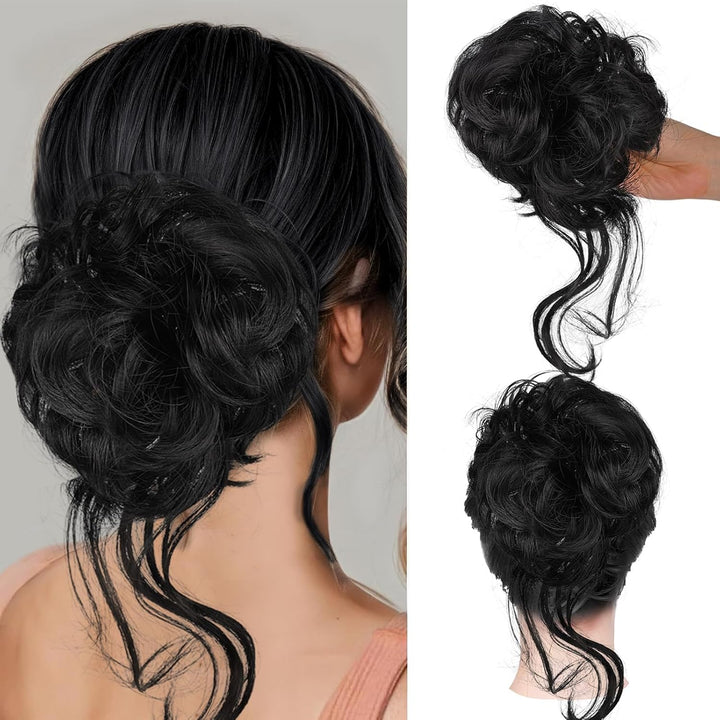 Messy Bun Hair Piece, Curly Wavy Hair Buns Hair Piece - Tousled Updo Fake Hair Bun - Synthetic Messy Bun Scrunchie Hairs Pieces for Women Girls (Brown Black)