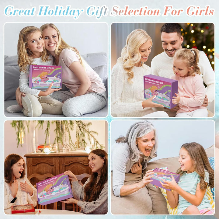 12 Pack Bath Bombs for Kids Girls with Surprise Toys Inside, Fun Kids Safe, Handmade Natural Bubble Spa Bath Ball with Jewelry Toys, Bath Bomb Gifts for Birthday Christmas Holiday for Girls Ages 3-12