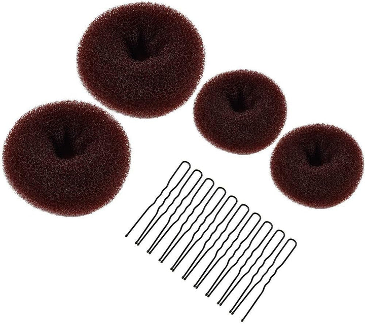 Hair Donuts for Buns,  4Pcs Hair Bun Maker Shaper Set with 10Pcs Bobby Pins for Dancer Ballerina, Brown