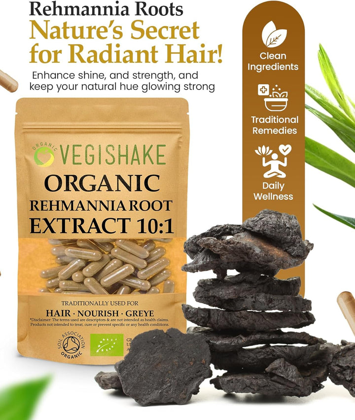 Rehmannia Root HPMC Capsules 980Mg Prevent Grey Hairs Maintain Hair Colour Health Fatigue Kidney Adrenal Glands Vegan Halal Kosher (90 Capsules)