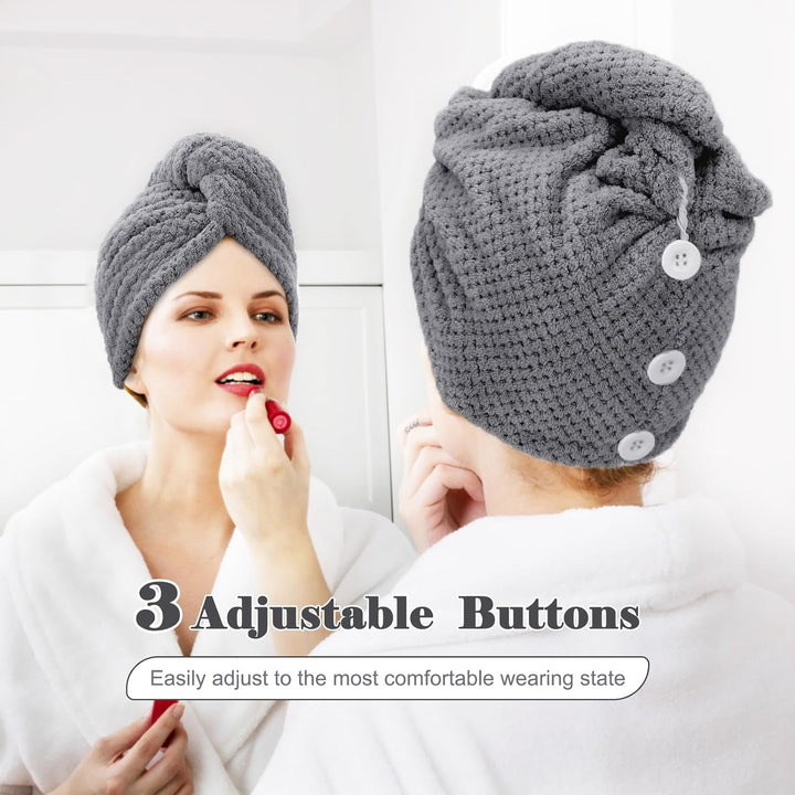 3-Pack Microfibre Hair Towel Wrap, Anti-Frizz Turbans, Super Absorbent and Soft Hair Drying Towel with 3 Adjustable Buttons for Women Men Kids Wet Curly Long Plopping