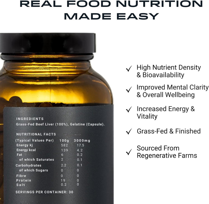 Beef Liver Capsules Grass Fed - Desiccated Organs, Ancestral Supplement UK, Nose to Tail, 100% Grass Fed & Finished, No Antibiotics Hormones or Gmos, 180 500Mg Capsules