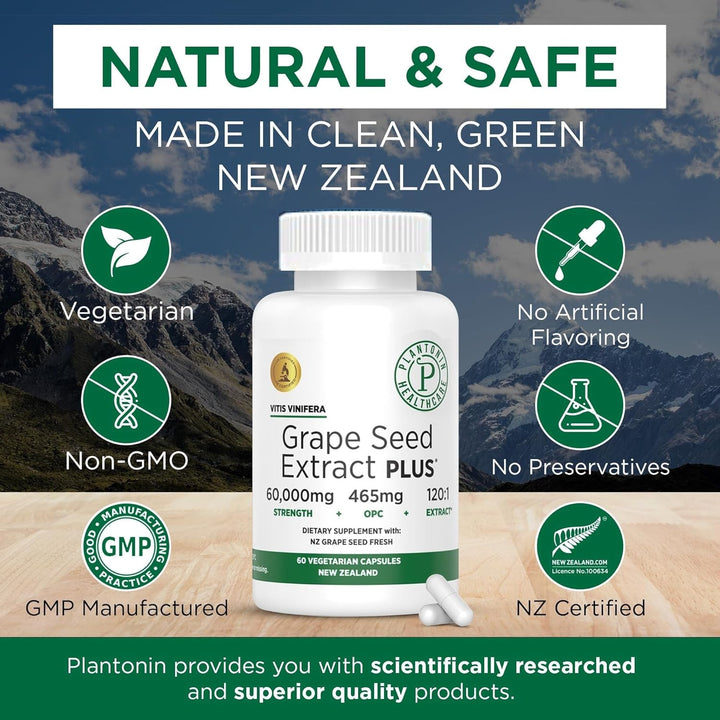 Grape Seed Extract Capsules, 465 Mg – Polyphenols Supplement for Optimal Blood Flow & Kidney Support | 60 Capsules with 93% Opcs – 60,000Mg Strength, GMO & Gluten-Free