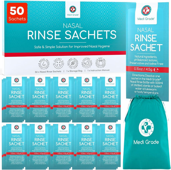 Saline Nasal Rinse Salt Sachets for Nasal Irrigation 50 Sachets X 4.5G -All Natural, Isotonic and Ph Balanced for Clear Nasal Passages and Improved Breathing