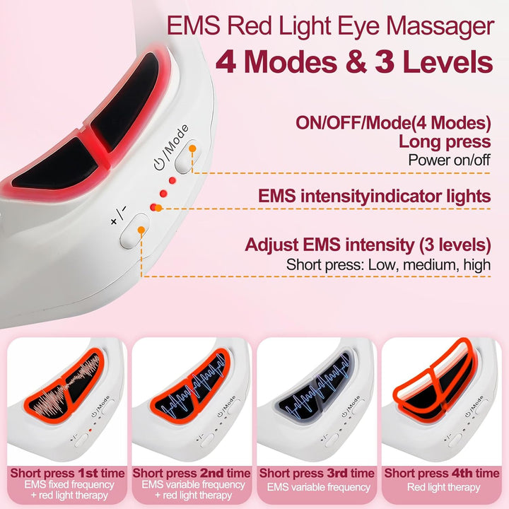 Under Eye Red Light Therapy Device, Red Light Therapy Glasses, 4 Modes Microcurrent Eye Massager for Relieve Eye Bags, Reduce Dark Circles and Puffiness