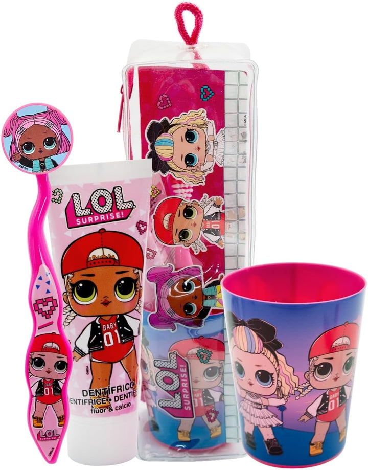 LOL Surprise Dolls Kids Toothbrush Set Contains Toothbrush with Protection Cap and Soft Bristles, Strawberry Flavour Toothpaste and Multi-Purpose Beaker for Children 3+
