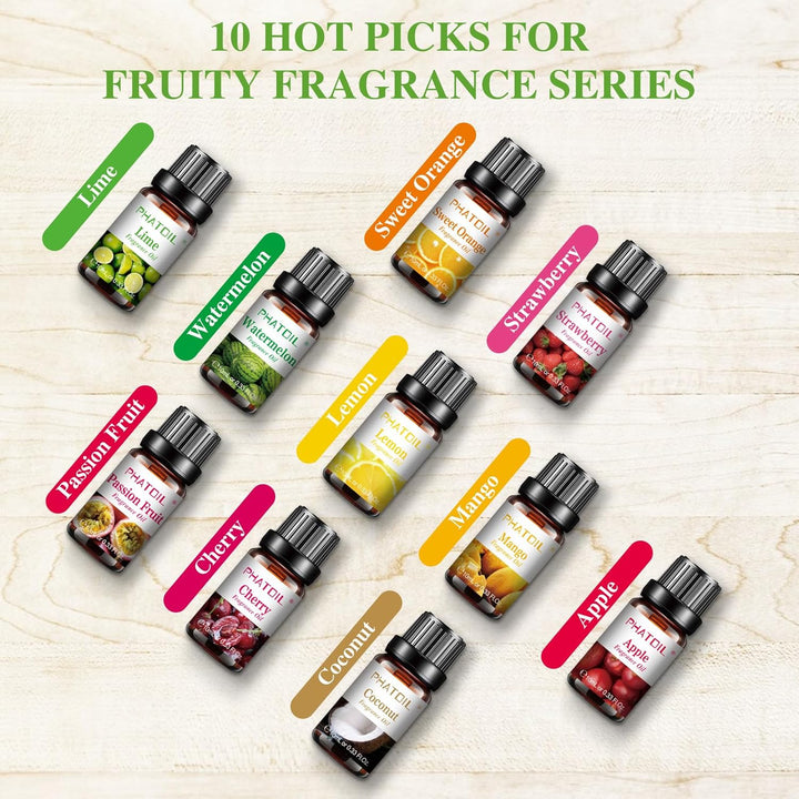 Fruity Fragrance Essential Oil Set, Coconut, Cherry, Apple, Strawberry, Mango Scents Oils for DIY Soap Candle Making, Diffuser Oil Set for Home Office Car Aromatherapy, 10 Pcs X 10Ml