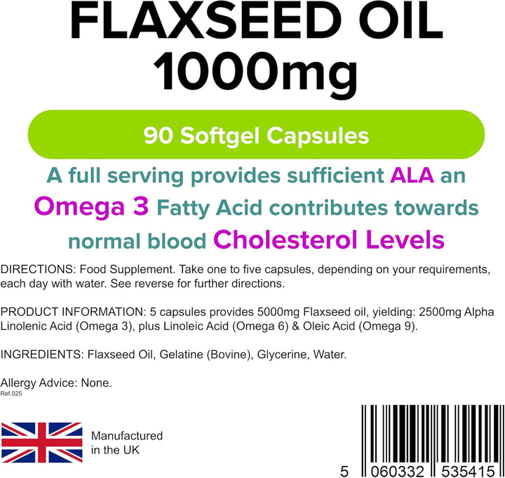 - Flaxseed Oil 1000Mg - 90 Capsules - UK Made - Source of Omega 3 6 9, High in Alpha Linoleic Acid (ALA), Maintenance of Normal Blood Cholesterol Level, Fish Oil Alternative,Letterbox Friendly