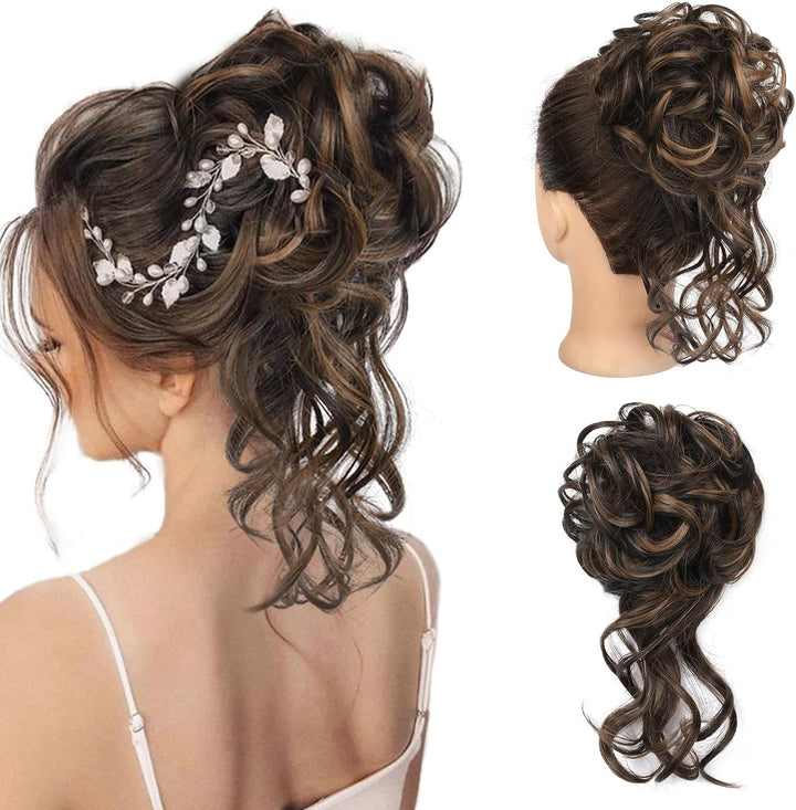 Messy Bun Hair Piece, Tousled Updo Elastic Hair Bun Hairpiece for Women Synthetic Donut Accessories Scrunchies - Light Ash Blonde with Highlights