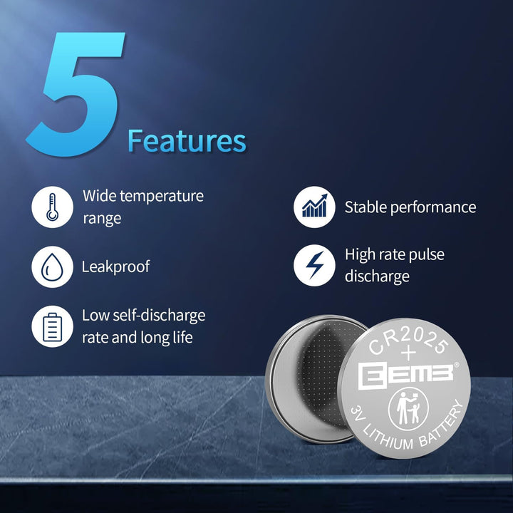 5 PACK CR2025 Battery 3V Lithium Battery Button Coin Cell Batteries 2025 Battery for Key Fobs, Calculators, Coin Counters, Watches, Heart Rate Monitors, Glucose Monitors and More