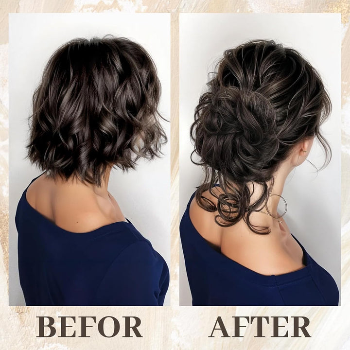 Messy Bun Hair Piece, Curly Wavy Hair Buns Hair Piece - Tousled Updo Fake Hair Bun - Synthetic Messy Bun Scrunchie Hairs Pieces for Women Girls (Brown Black)
