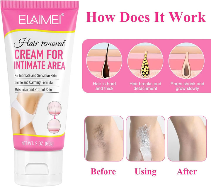 Hair Removal Cream 60G for Genitals, Painless Remover for Sensitive Skin, Pubic, Body, Private Areas and Underarms for Women and Men