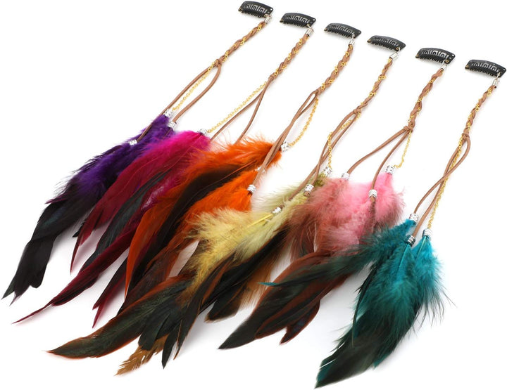 6Pcs Feather Hair Clips, Handmade Boho Hair Extensions with Clip Comb, Bohemian Hippie Hairpin Feather Indian Tassel Hemp Rope Festival Headwear Cosplay Headdress Accessories - Chain Styles