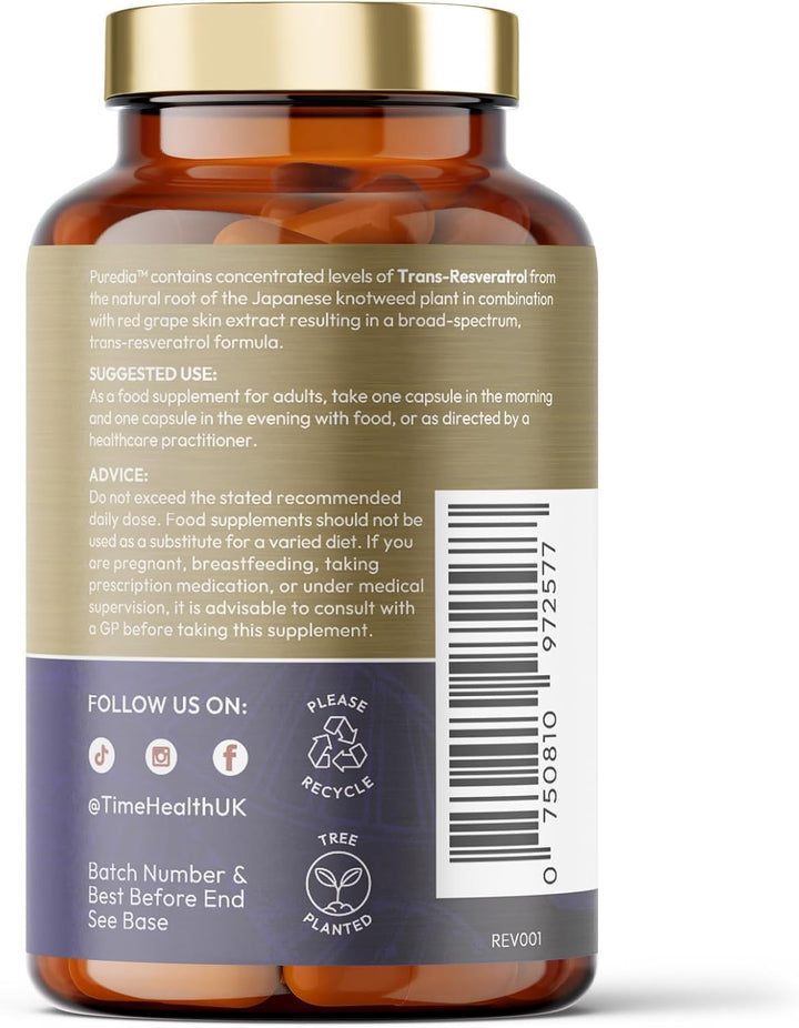 Trans Resveratrol - Premium Brand Puredia - 180 Capsules - 3 Month Supply - Effective Split Dose for Maximum Benefits from Trans-Resveratrol - UK Manufactured - Zero Additives (180 Count (Pack of 1))