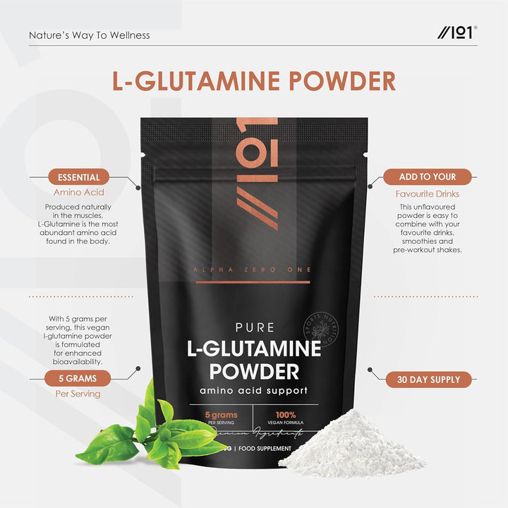 L-Glutamine Powder 150G - 5 Grams per Serving – Vegan Fermented Amino Acid – 100% Pure Formula – Halal (Unflavoured)