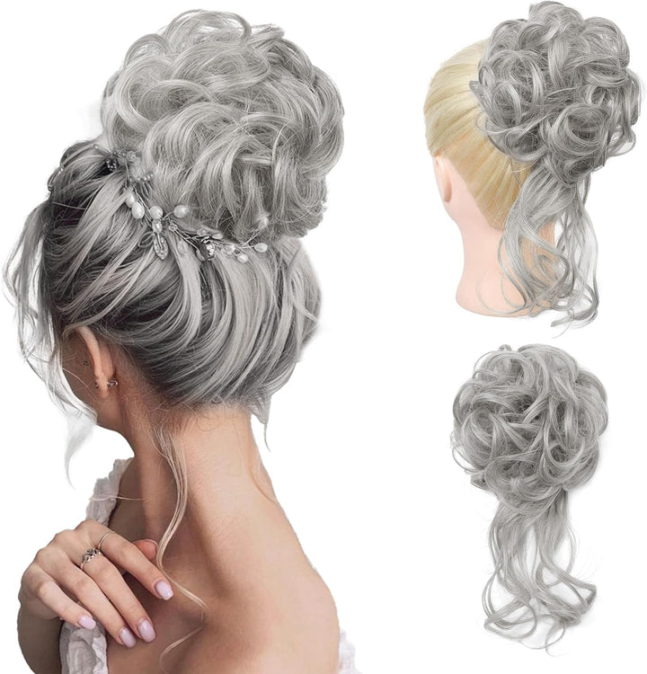 Messy Bun Hair Piece, Tousled Updo Elastic Hair Bun Hairpiece for Women Synthetic Donut Accessories Scrunchies - Light Ash Blonde with Highlights
