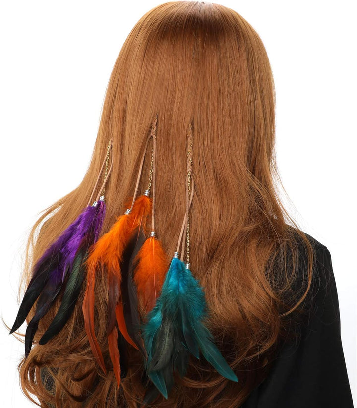 6Pcs Feather Hair Clips, Handmade Boho Hair Extensions with Clip Comb, Bohemian Hippie Hairpin Feather Indian Tassel Hemp Rope Festival Headwear Cosplay Headdress Accessories - Chain Styles
