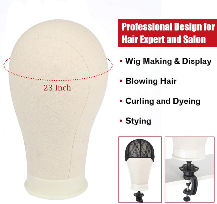 21"-24" Canvas Wig Head Poly Manikin Head for Making/Drying/Styling Wigs Model Training Head Professional Mannequin Head with 20 Pcs T Pins and Clamp Stand 23 Inch