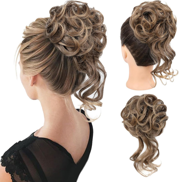 Messy Bun Hair Piece, Tousled Updo Elastic Hair Bun Hairpiece for Women Synthetic Donut Accessories Scrunchies - Light Ash Blonde with Highlights