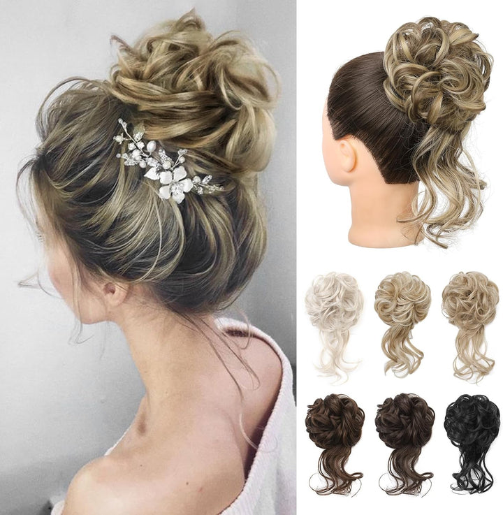 Messy Bun Hair Piece, Tousled Updo Elastic Hair Bun Hairpiece for Women Synthetic Donut Accessories Scrunchies - Light Ash Blonde with Highlights