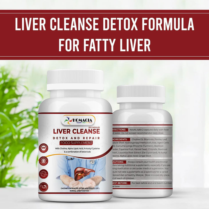 Cleanse Detox and Repair Supplement by Homacia | Choline-Infused Natural & Vegan-Friendly | Liver Health for Women & Men | 120 Caps