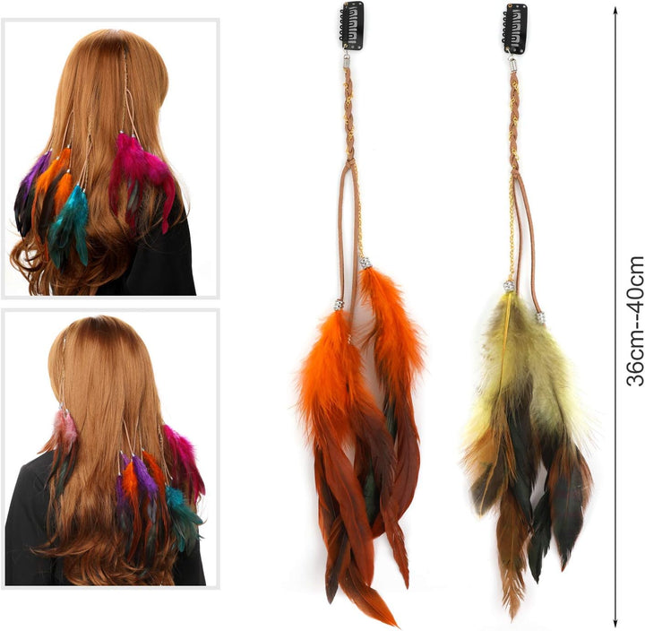 6Pcs Feather Hair Clips, Handmade Boho Hair Extensions with Clip Comb, Bohemian Hippie Hairpin Feather Indian Tassel Hemp Rope Festival Headwear Cosplay Headdress Accessories - Chain Styles