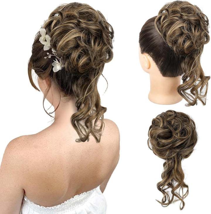Messy Bun Hair Piece, Tousled Updo Elastic Hair Bun Hairpiece for Women Synthetic Donut Accessories Scrunchies - Light Ash Blonde with Highlights