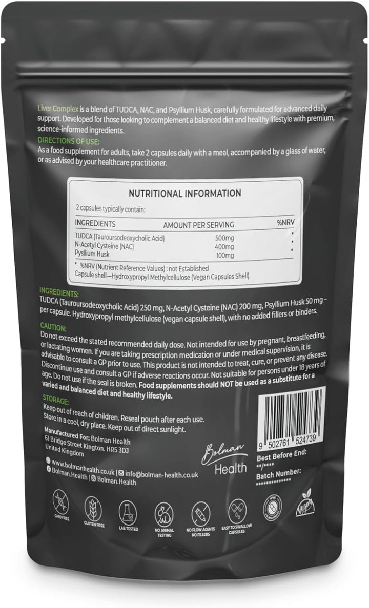 Liver Complex | 60 Capsules | 30 Day Supply | Advanced Formula with TUDCA, NAC & Psyllium Husk | Supports Liver Function, Detox, Digestion & Well-Being | Gmo-Free | Vegan Friendly | UK Made