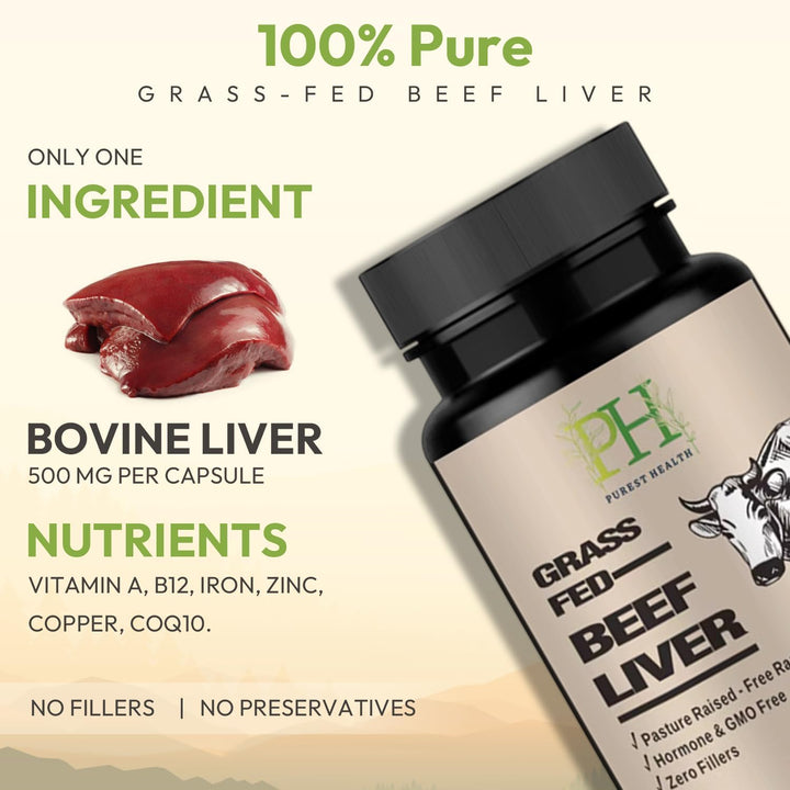 Grass Fed Beef Liver Capsules - 750Mg per Capsule - 180 Capsules - Supports Energy, Focus, Skin Health, Immunity & Full Body Wellness - Non GMO - Lab Tested