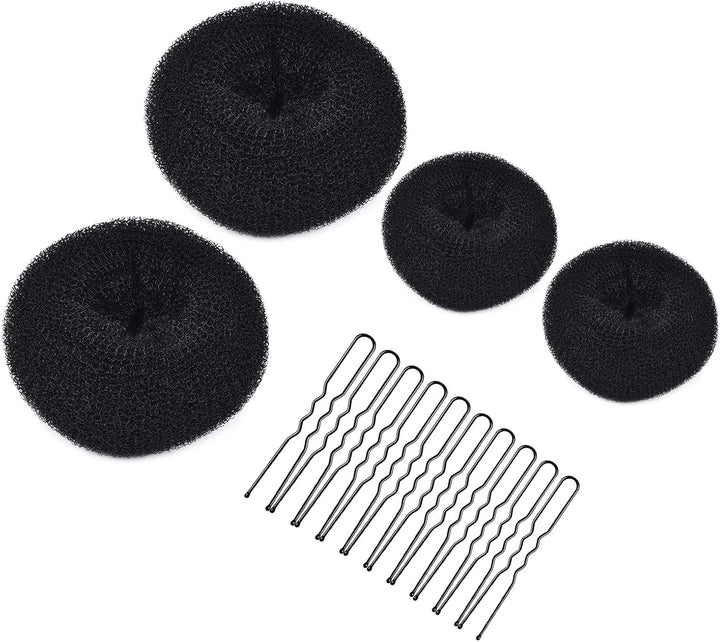 Hair Donuts for Buns,  4Pcs Hair Bun Maker Shaper Set with 10Pcs Bobby Pins for Dancer Ballerina, Brown