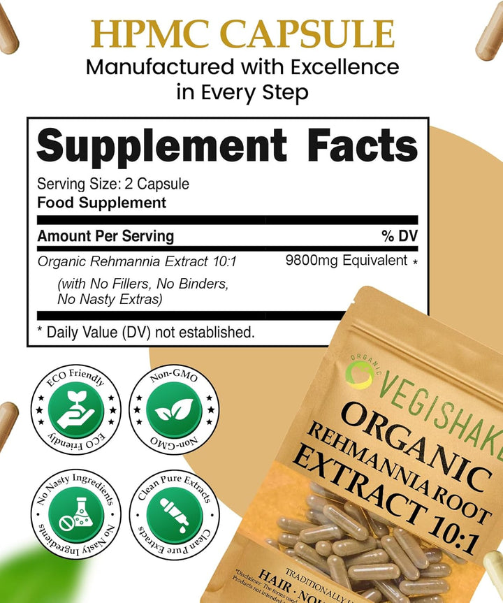 Rehmannia Root HPMC Capsules 980Mg Prevent Grey Hairs Maintain Hair Colour Health Fatigue Kidney Adrenal Glands Vegan Halal Kosher (90 Capsules)