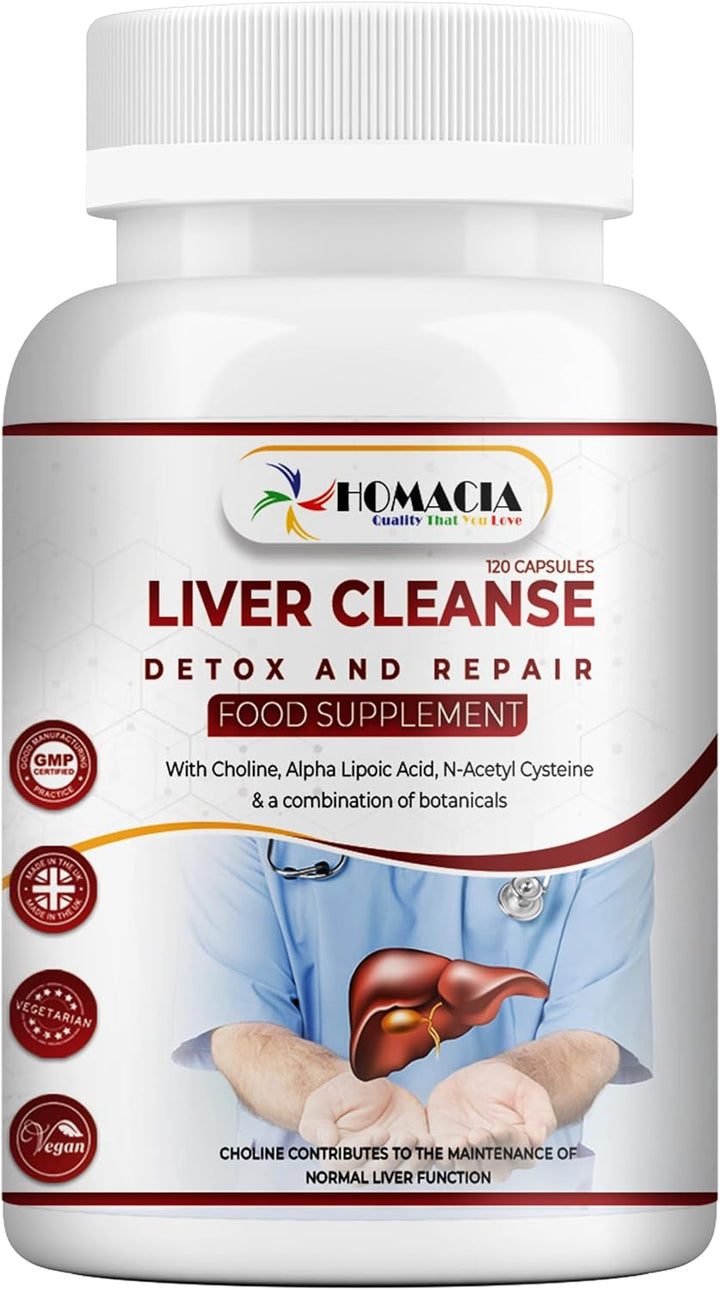 Cleanse Detox and Repair Supplement by Homacia | Choline-Infused Natural & Vegan-Friendly | Liver Health for Women & Men | 120 Caps