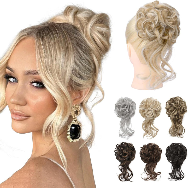 Messy Bun Hair Piece, Tousled Updo Elastic Hair Bun Hairpiece for Women Synthetic Donut Accessories Scrunchies - Light Ash Blonde with Highlights