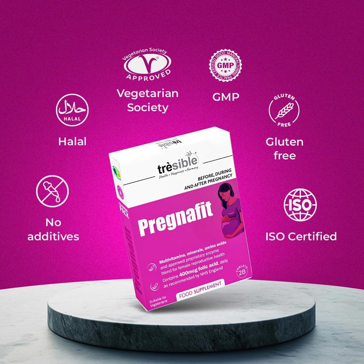 Trèsible Women'S Prenatal Pregnancy and Postnatal Supplements | Pregnafit 84 Tablets | Coq10, Folic Acid, Vitamin D, Zinc | Vegetarian, Gluten Free, Halal | Pack of 3 (28 Tabs per Pack) (3)