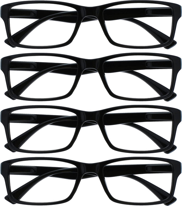 PEP Classic Reading Glasses for Women Men, Scratch Resistant Rectangular Frame with Spring Hinges, Black +1.5 (Pack of 4)