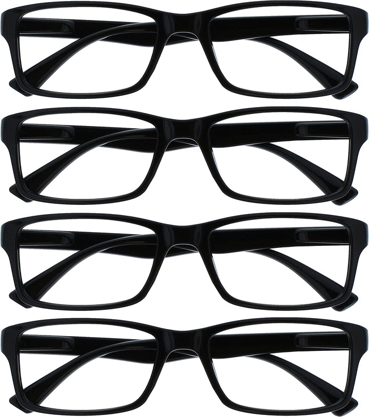 PEP Classic Reading Glasses for Women Men, Scratch Resistant Rectangular Frame with Spring Hinges, Black +1.5 (Pack of 4)