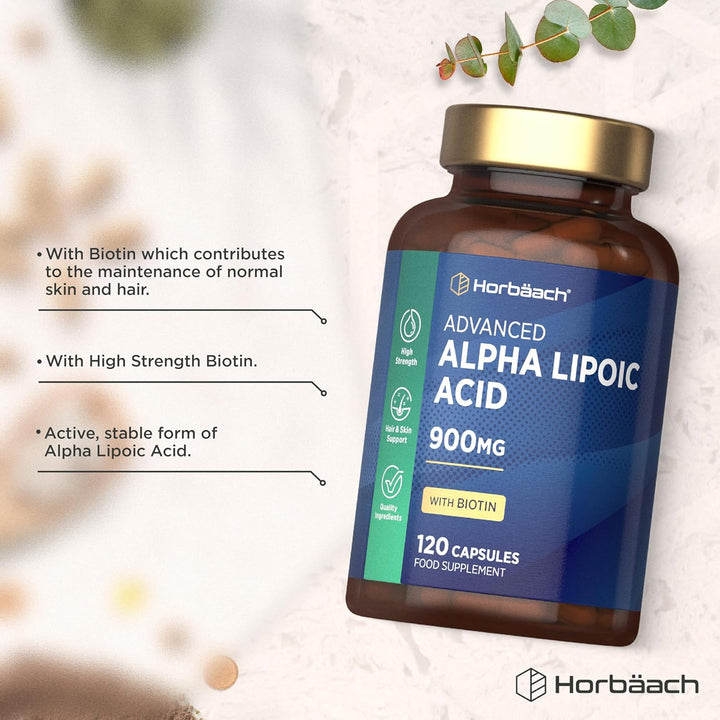 Alpha Lipoic Acid 900Mg | 120 High Strength ALA Capsules | Complex with 999Ug of Biotin | by