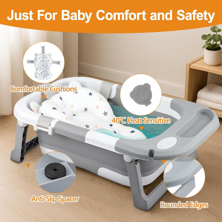 Foldable Baby Bathtub – Portable Collapsible Infant Tub with Seat Support & Heat-Sensitive Drain – Newborn to Toddler (0-36 Months) – Safe, Non-Slip & Space-Saving (Grey)