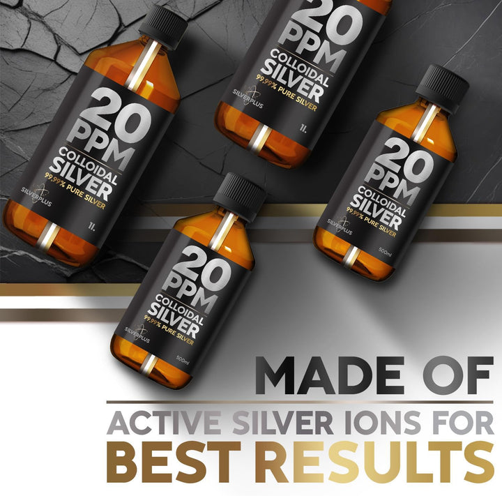 Colloidal Silver for Humans 500 ML ● 99,99% Pure Silver ● Active Silver Ions ● for Whole Family ● GMP Certified Facility ● Optimal Concentration 20 PPM ● SILVERPLUS