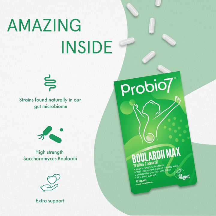 Probio7 Boulardii Max | Saccharomyces Boulardii Supplement for Gut Repair & Digestive Health | 10 Billion CFU, Probiotics for Gut Health Support - 40 Capsules